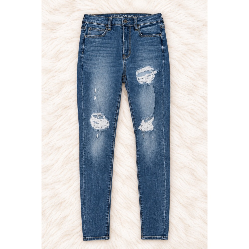 American Eagle Super Hi-Rise Jeggings Size 2 Regular Medium Wash Distressed